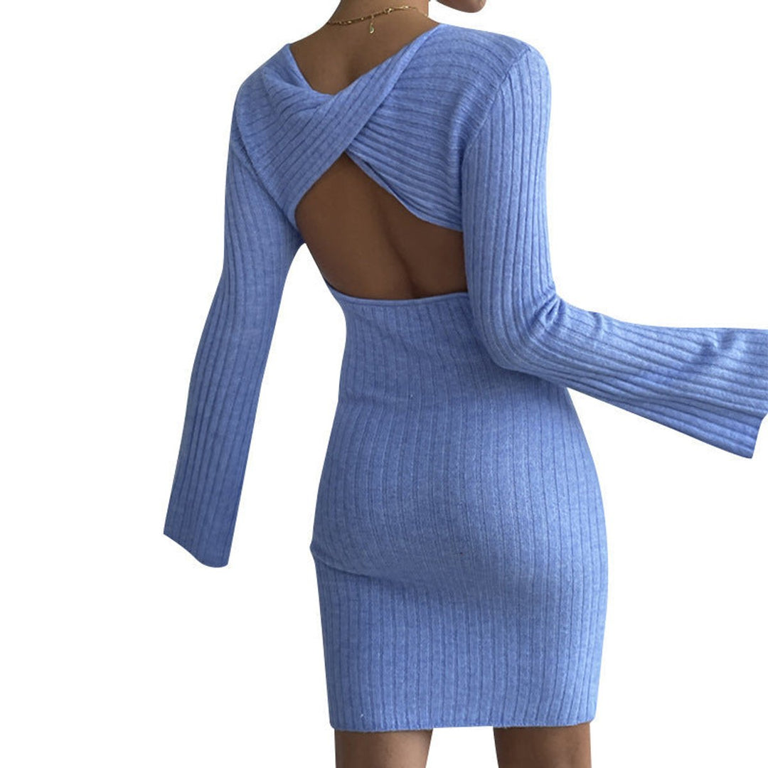 Women's Ribbed Open-Back Bell-Sleeve Bodycon Knitted Dress