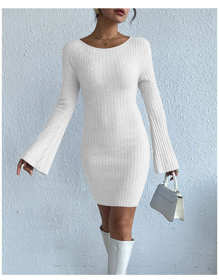 Women's Ribbed Open-Back Bell-Sleeve Bodycon Knitted Dress