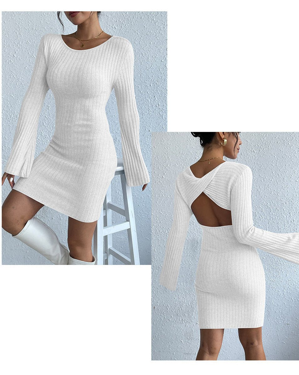 Women's Ribbed Open-Back Bell-Sleeve Bodycon Knitted Dress