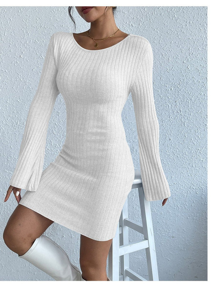 Women's Ribbed Open-Back Bell-Sleeve Bodycon Knitted Dress
