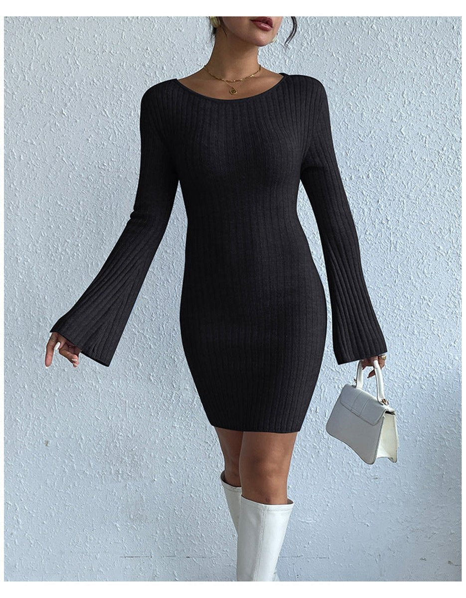 Women's Ribbed Open-Back Bell-Sleeve Bodycon Knitted Dress