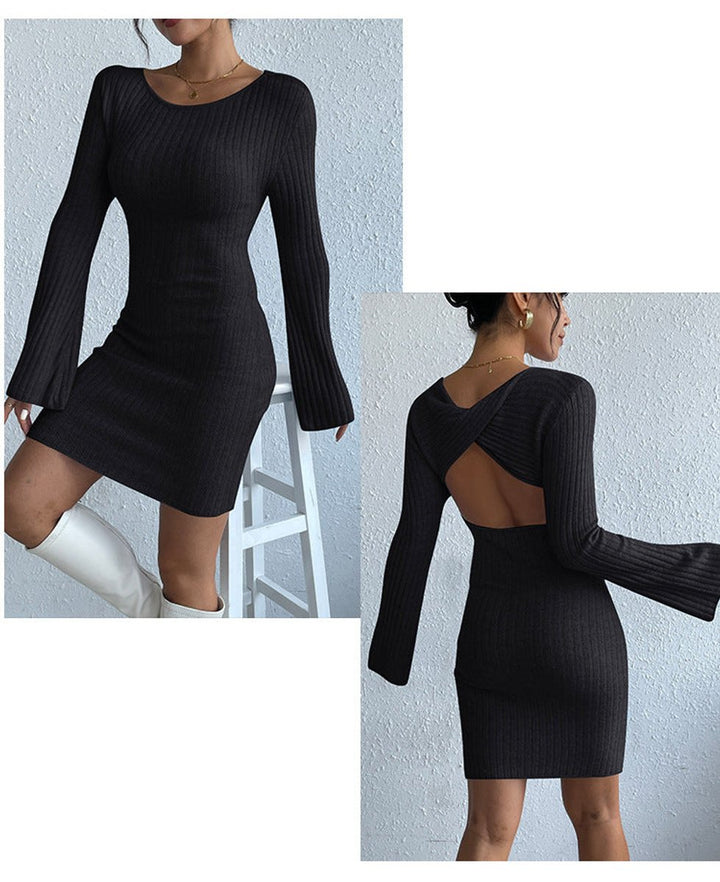 Women's Ribbed Open-Back Bell-Sleeve Bodycon Knitted Dress