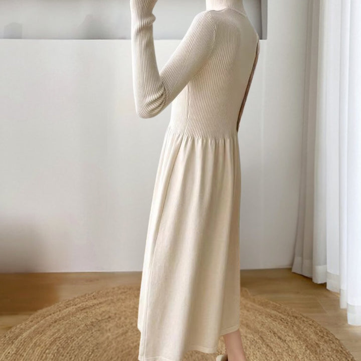 Women's Ribbed Turtleneck Midi Knitted Dress Long Sleeve