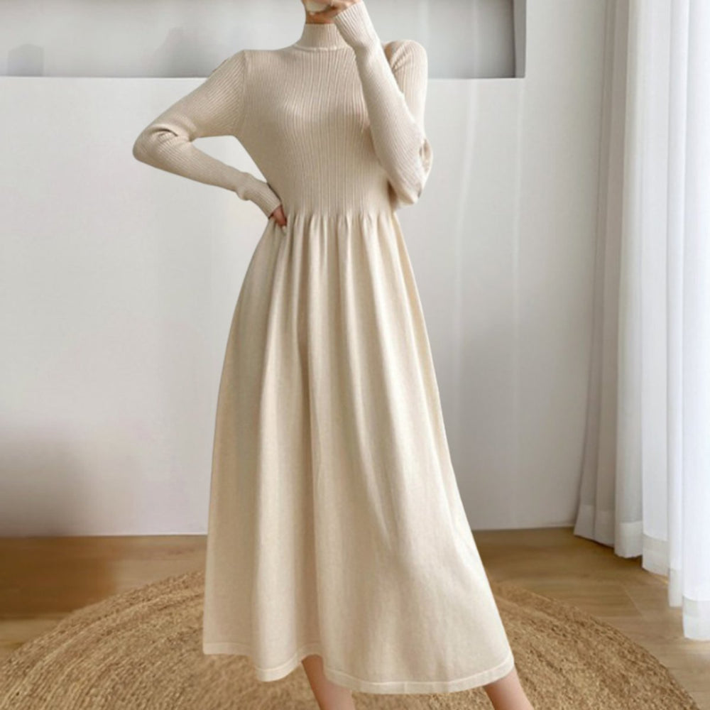 Women's Ribbed Turtleneck Midi Knitted Dress Long Sleeve