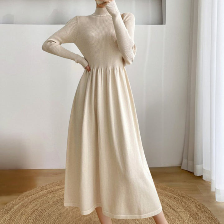 Women's Ribbed Turtleneck Midi Knitted Dress Long Sleeve