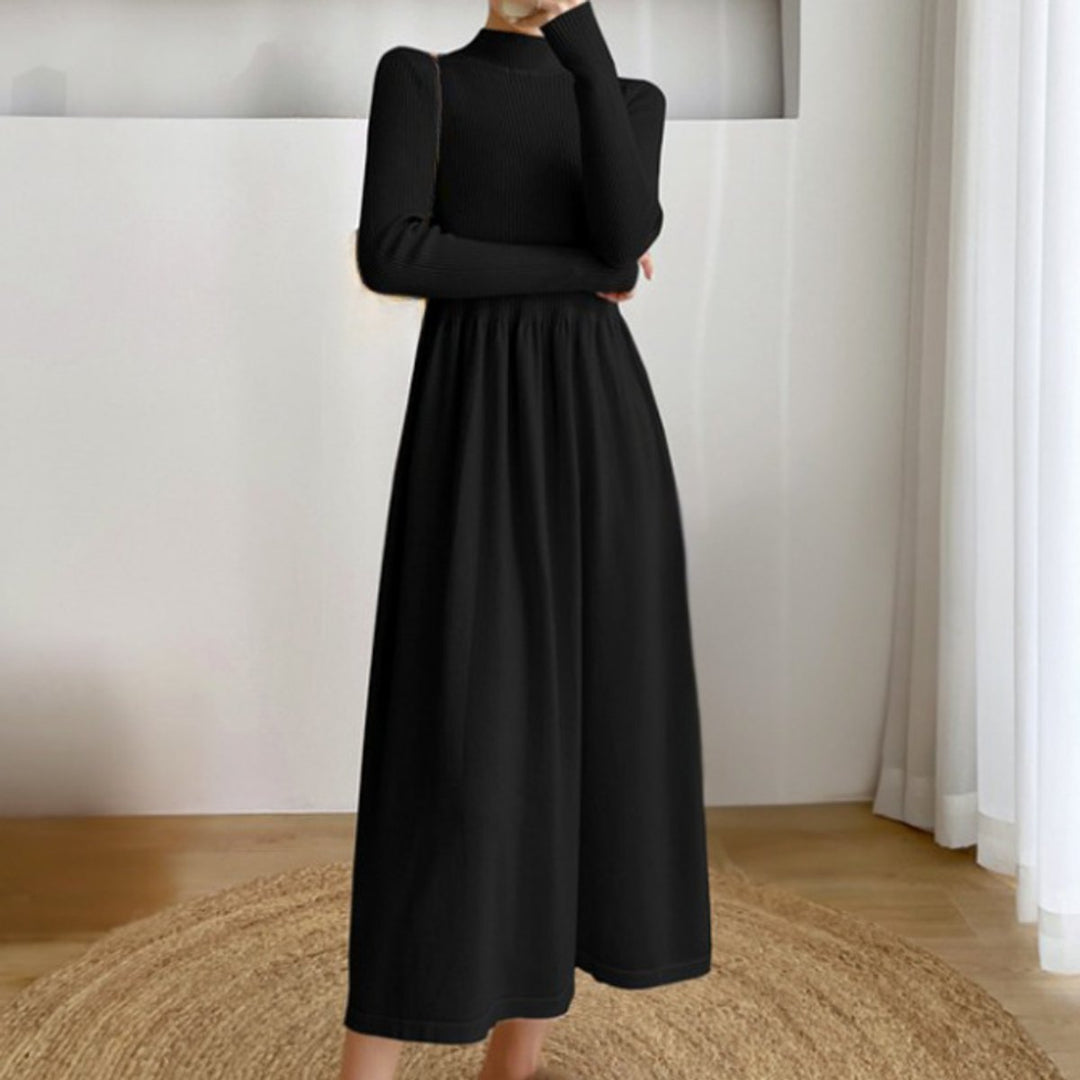 Women's Ribbed Turtleneck Midi Knitted Dress Long Sleeve