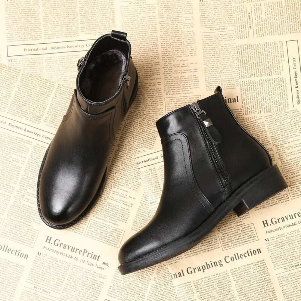 Women's Round-Toe Low-Block-Heel Side-Zip Ankle Heeled Boots