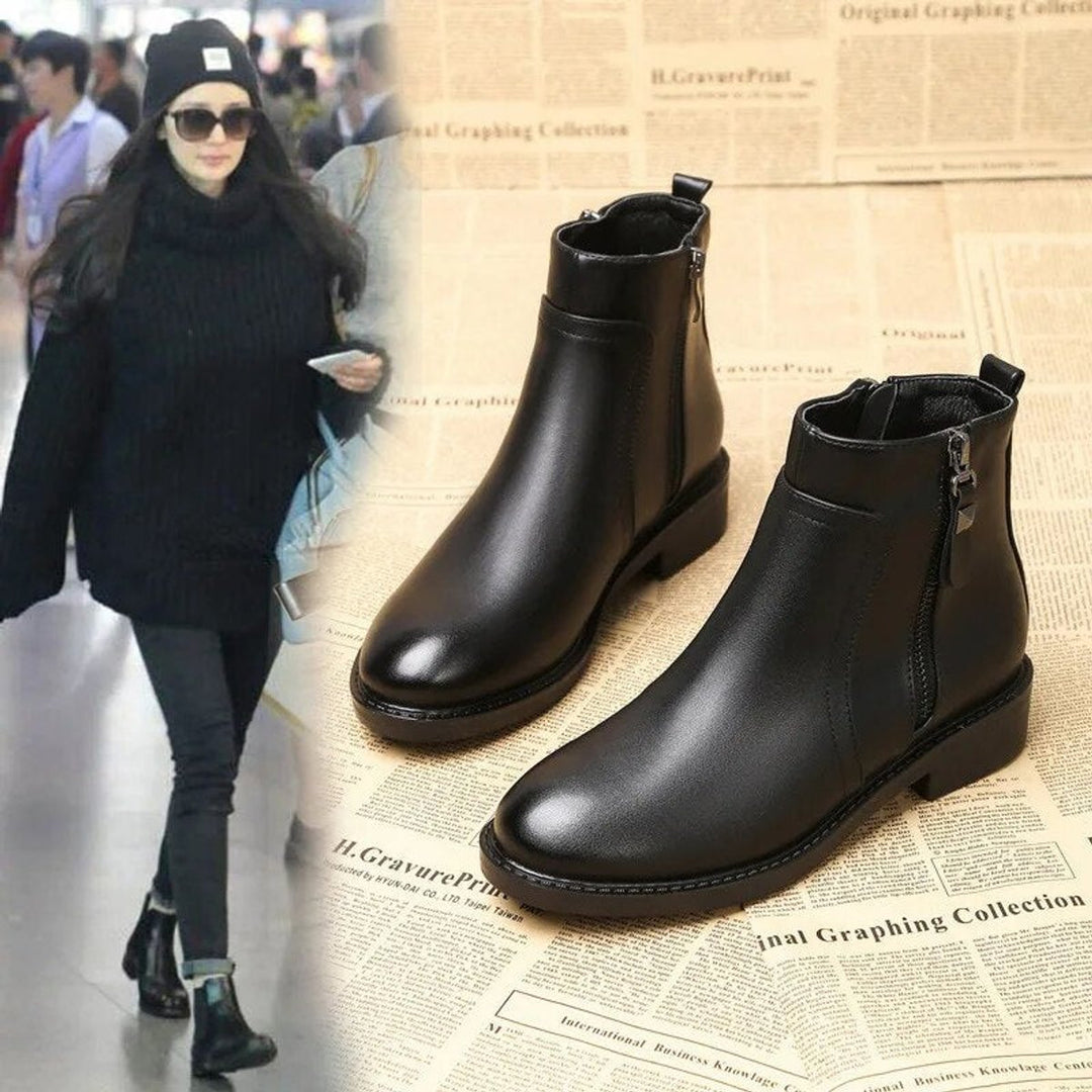 Women's Round-Toe Low-Block-Heel Side-Zip Ankle Heeled Boots
