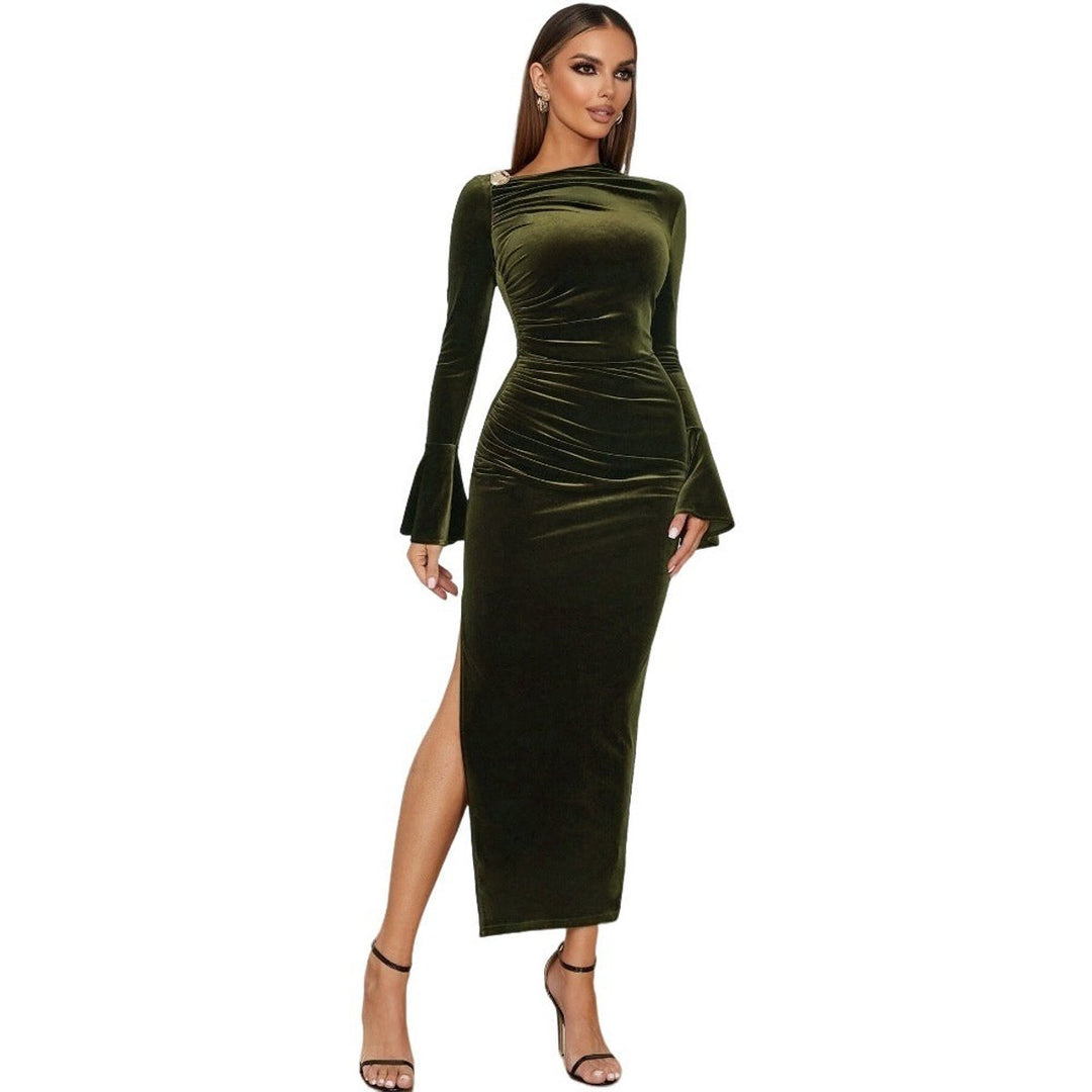 Women's Ruched Velvet Party Dress Bodycon Maxi Flared Sleeve Slit