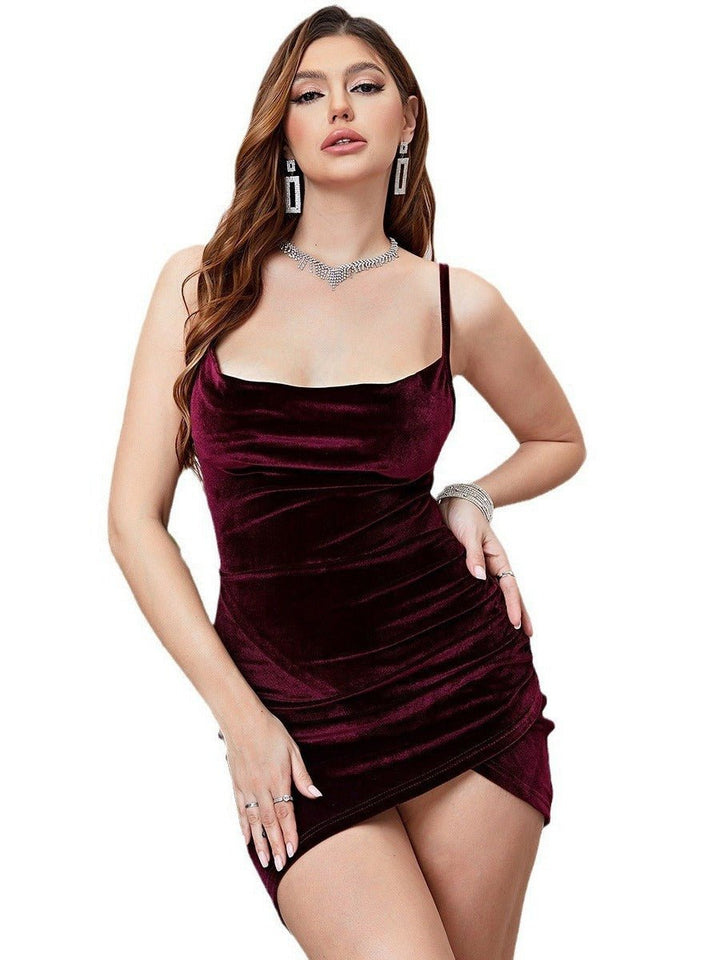 Women's Ruched Velvet Party Dress Bodycon Mini Cami
