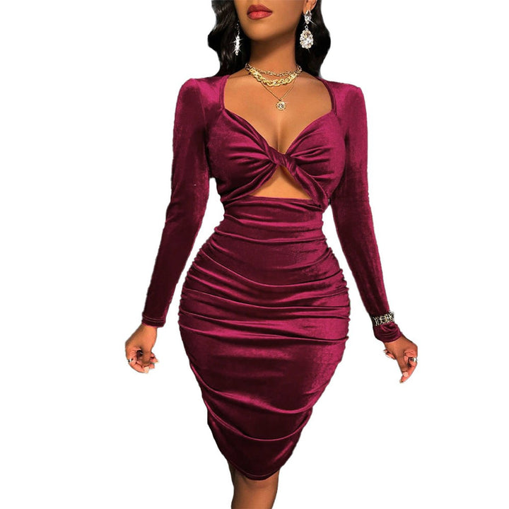 Women's Ruched Velvet Party Dress Long Sleeve Cut-Out Bodycon
