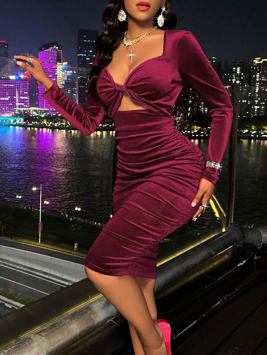 Women's Ruched Velvet Party Dress Long Sleeve Cut-Out Bodycon - Burgundy