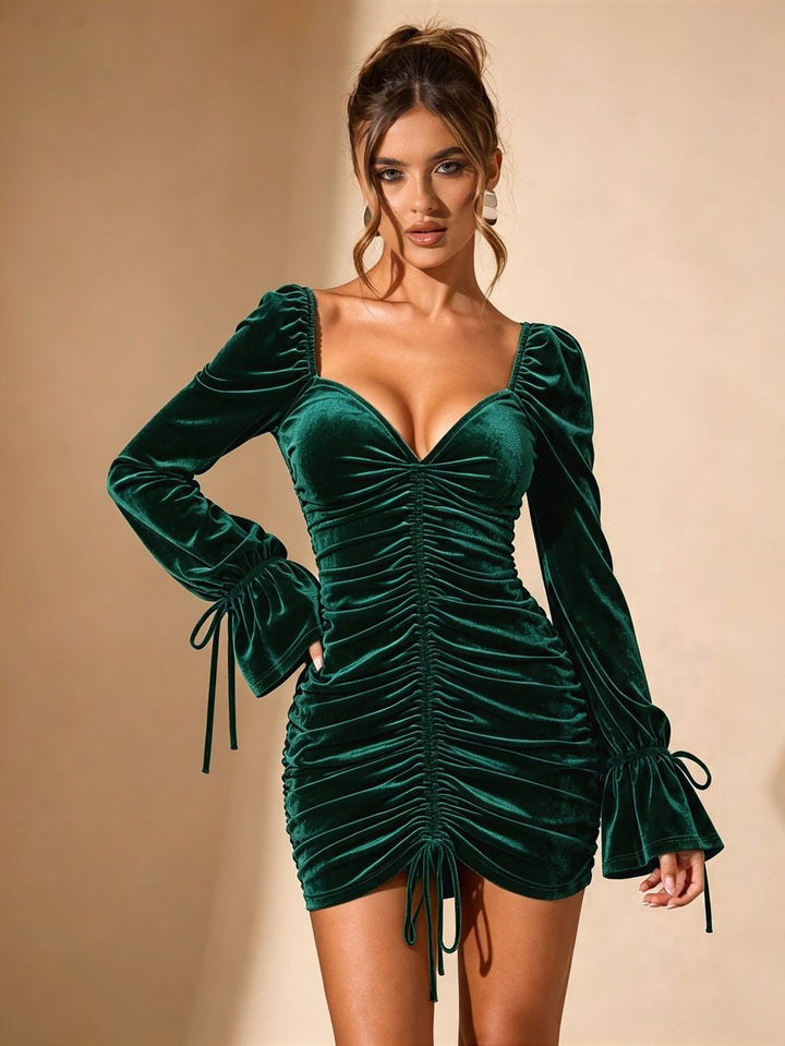 Women's Ruched Velvet Party Dress Sweetheart Bodycon Mini - Ink Green