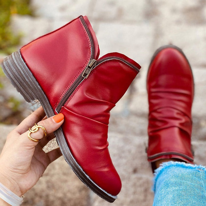 Women's Ruched Zip-Up Low-Heel Ankle Heeled Boots