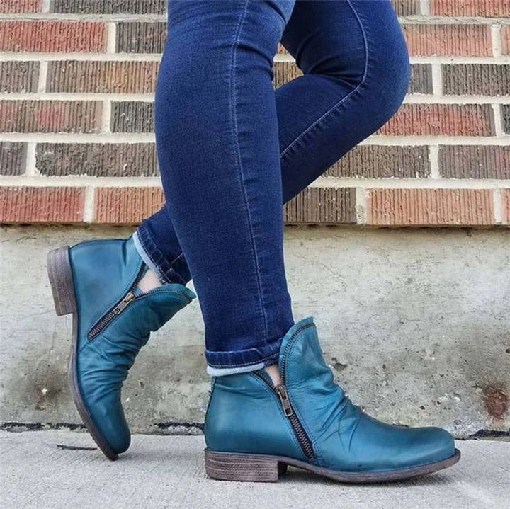 Women's Ruched Zip-Up Low-Heel Ankle Heeled Boots