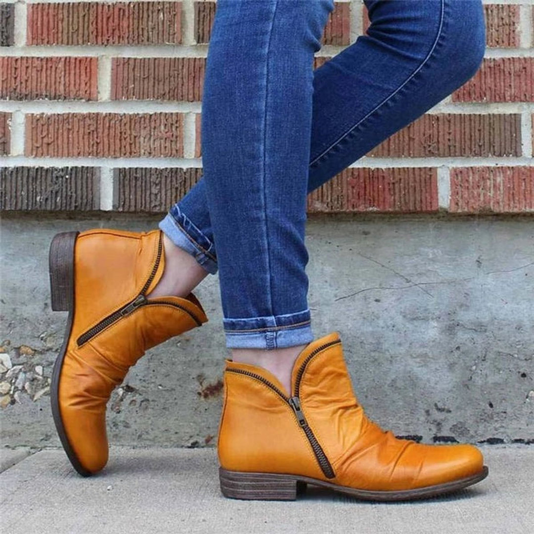 Women's Ruched Zip-Up Low-Heel Ankle Heeled Boots