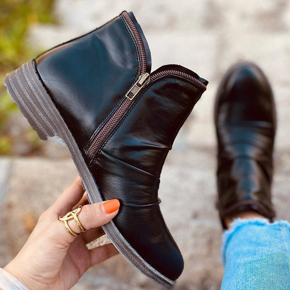 Women's Ruched Zip-Up Low-Heel Ankle Heeled Boots