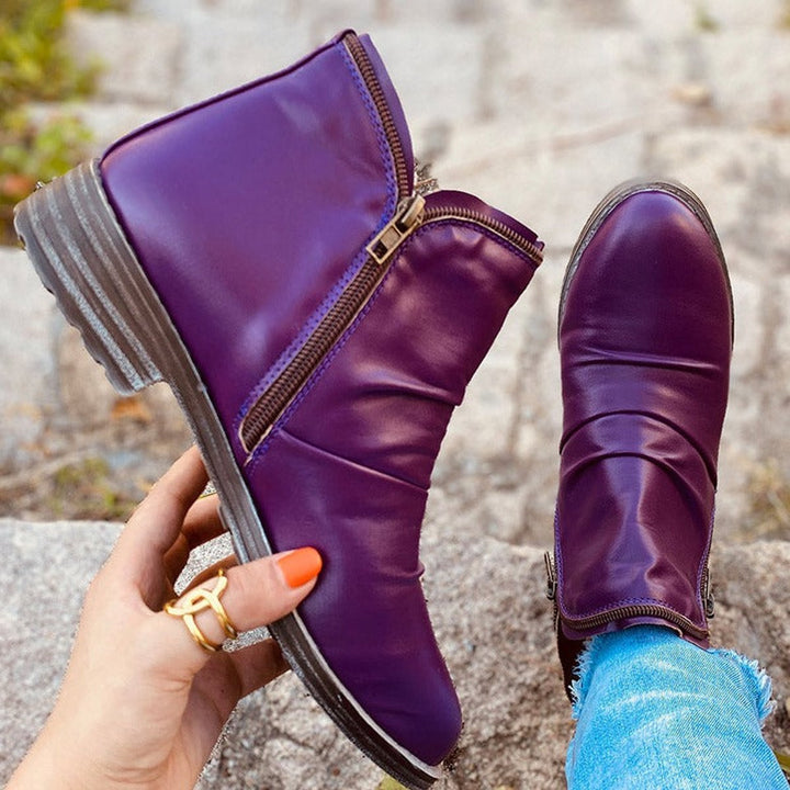 Women's Ruched Zip-Up Low-Heel Ankle Heeled Boots