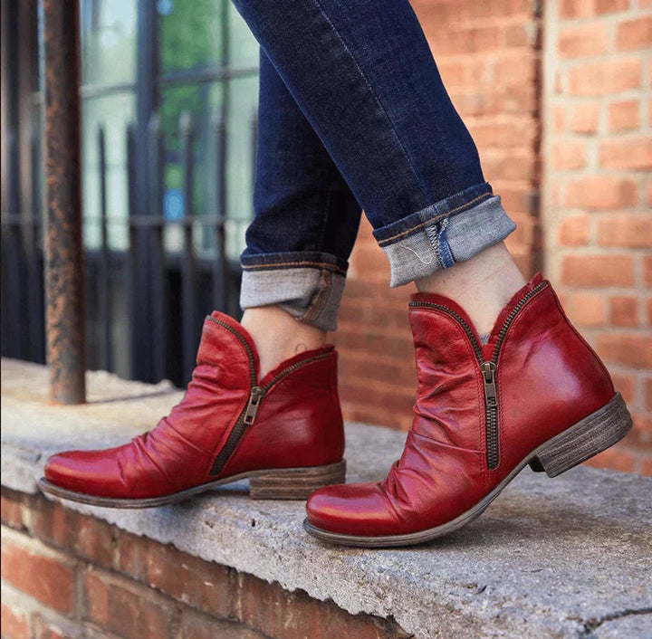 Women's Ruched Zip-Up Low-Heel Ankle Heeled Boots