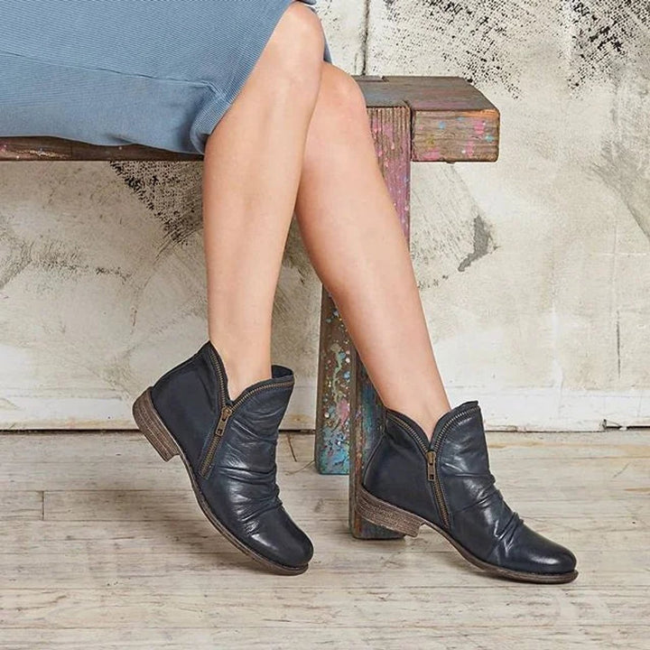 Women's Ruched Zip-Up Low-Heel Ankle Heeled Boots