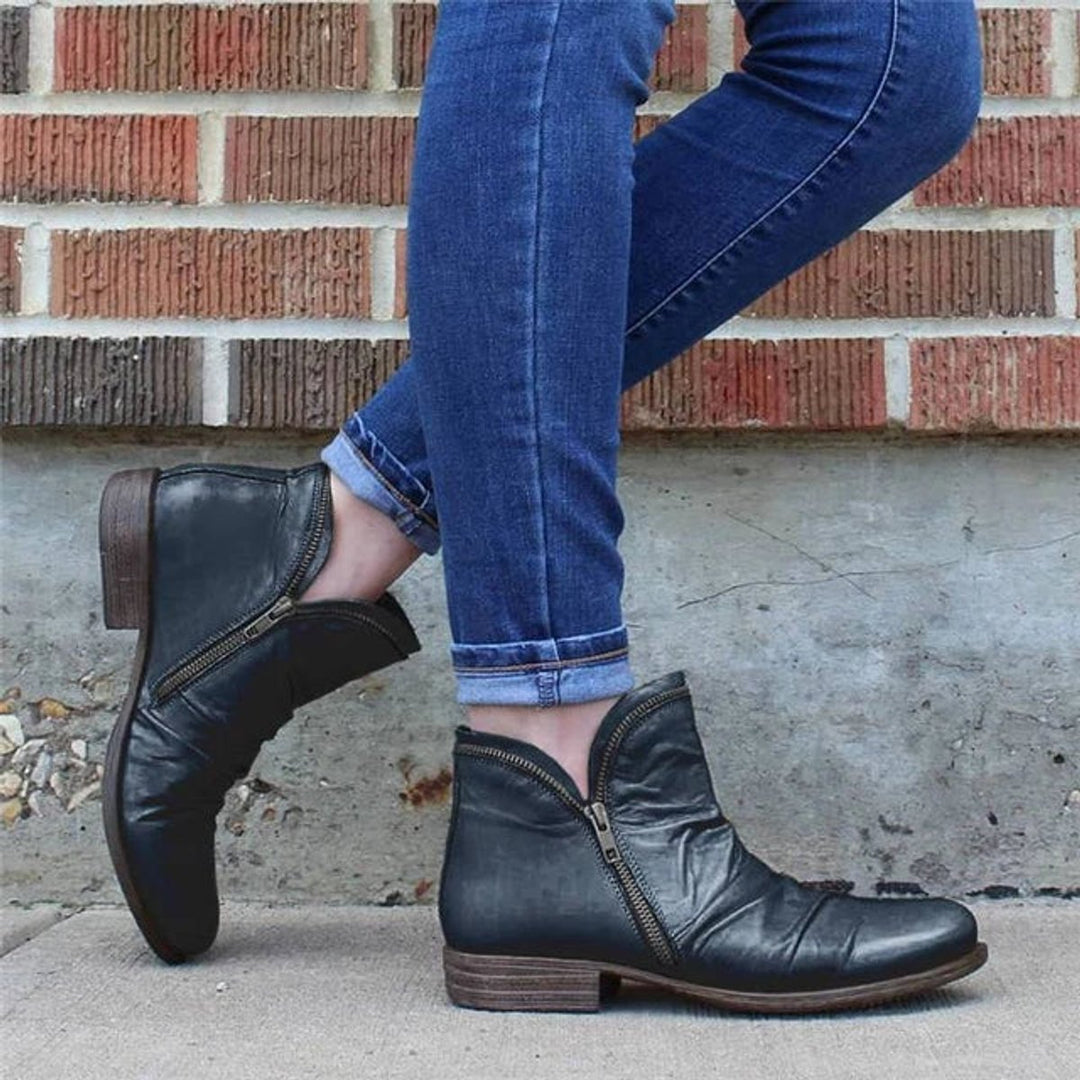 Women's Ruched Zip-Up Low-Heel Ankle Heeled Boots