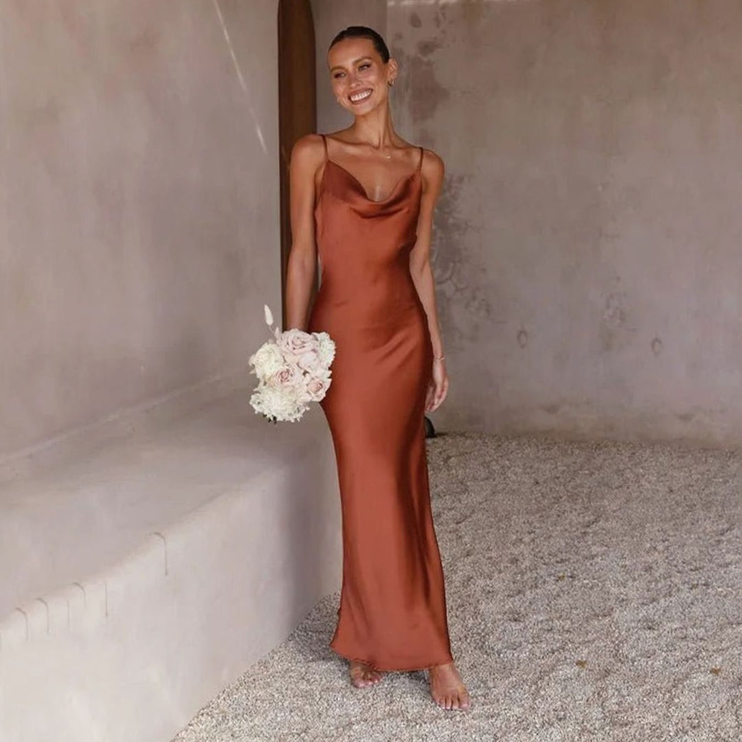 Women's Satin Cowl-Neck Backless Figure-Hugging Maxi Dress