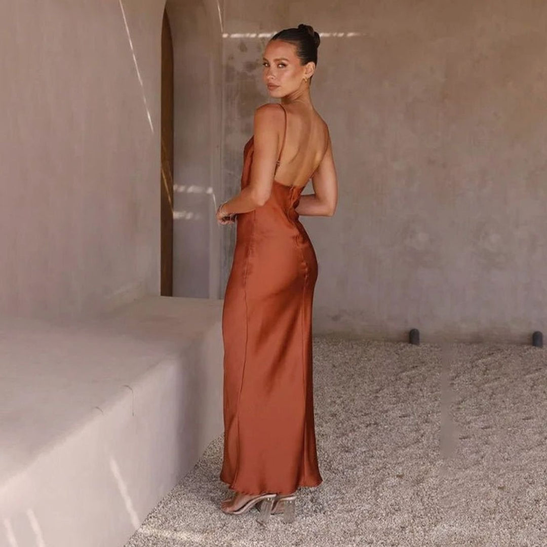 Women's Satin Cowl-Neck Backless Figure-Hugging Maxi Dress