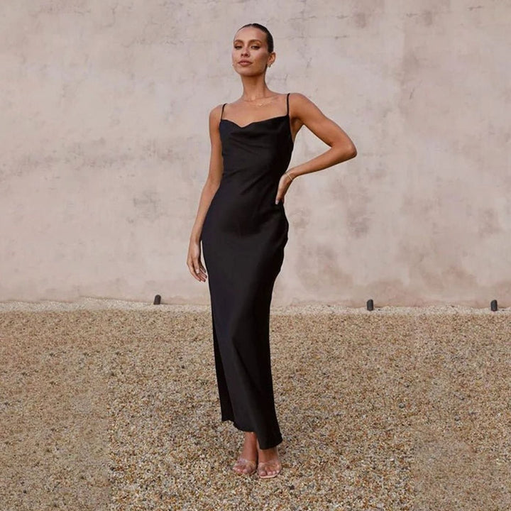 Women's Satin Cowl-Neck Backless Figure-Hugging Maxi Dress