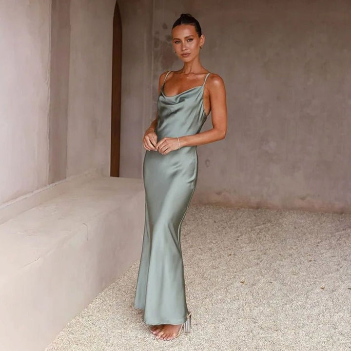 Women's Satin Cowl-Neck Backless Figure-Hugging Maxi Dress