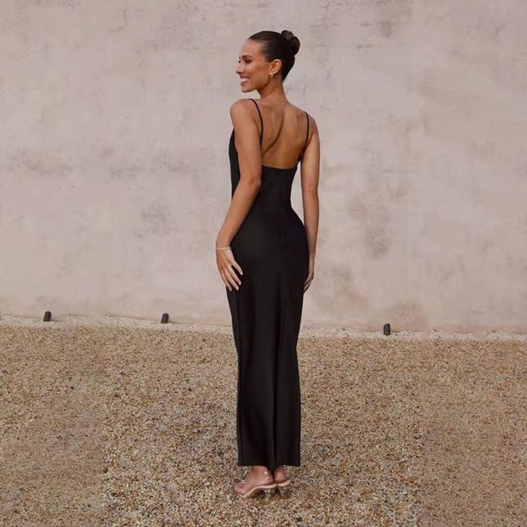 Women's Satin Cowl-Neck Backless Figure-Hugging Maxi Dress