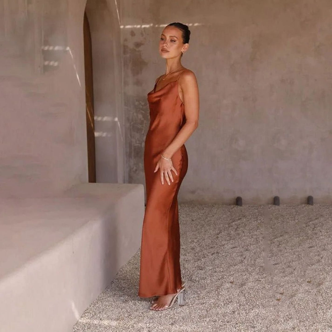 Women's Satin Cowl-Neck Backless Figure-Hugging Maxi Dress