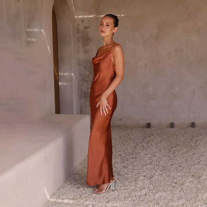 Women's Satin Cowl-Neck Backless Figure-Hugging Maxi Dress