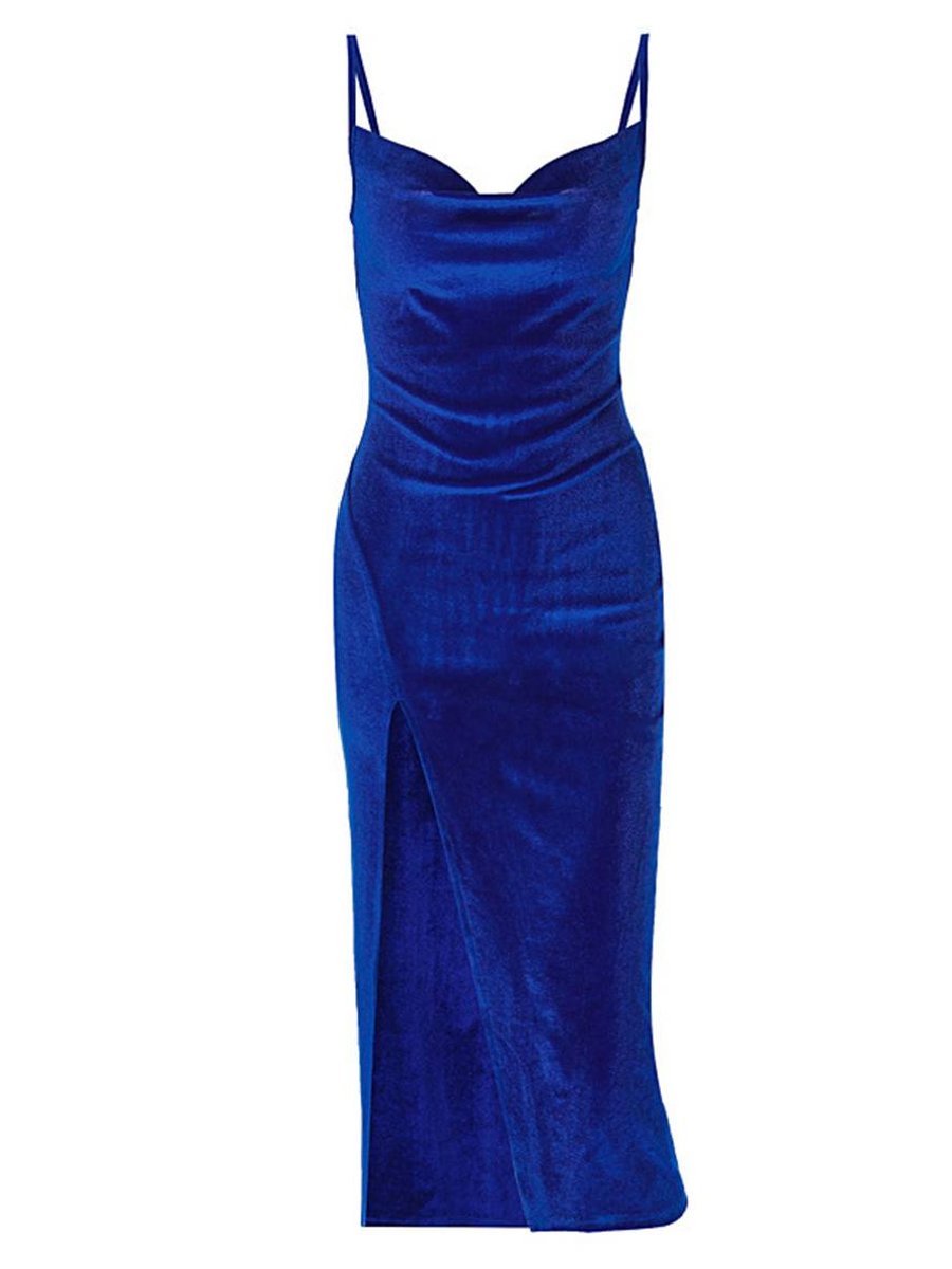 Women's Satin Cowl-Neck Velvet Party Dress Midi Side Split