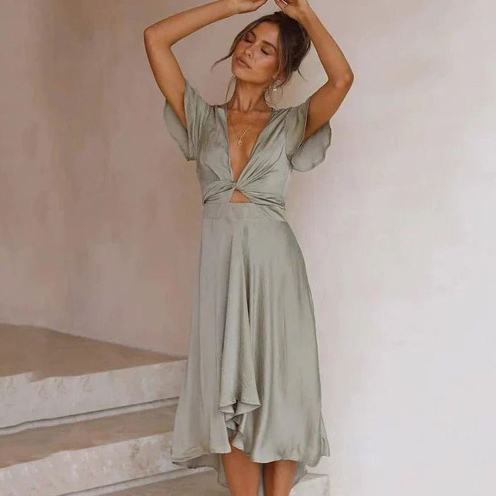 Women's Satin Deep V-Neck Flutter Sleeve High-Low Midi Dress
