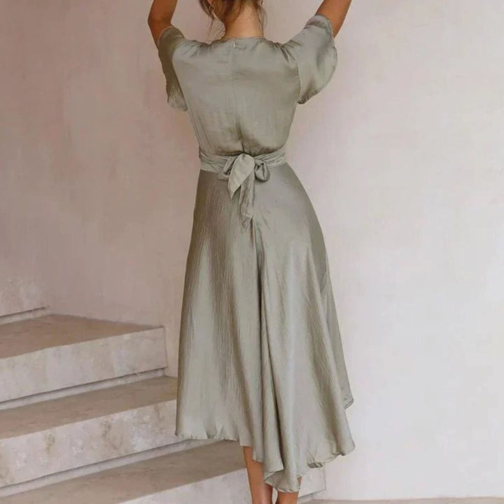 Women's Satin Deep V-Neck Flutter Sleeve High-Low Midi Dress