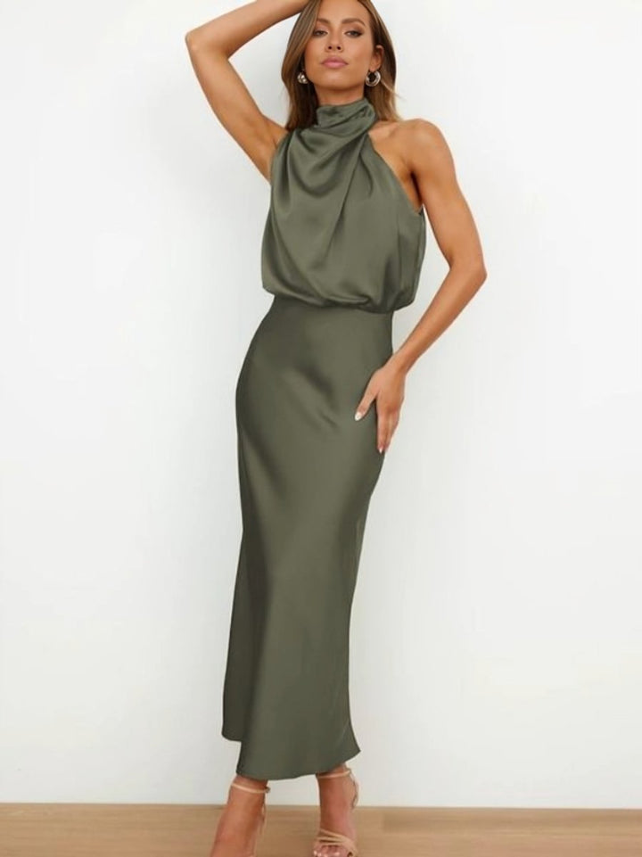 Women's Satin Halter-Neck Cocktail Party Dress Midi Length