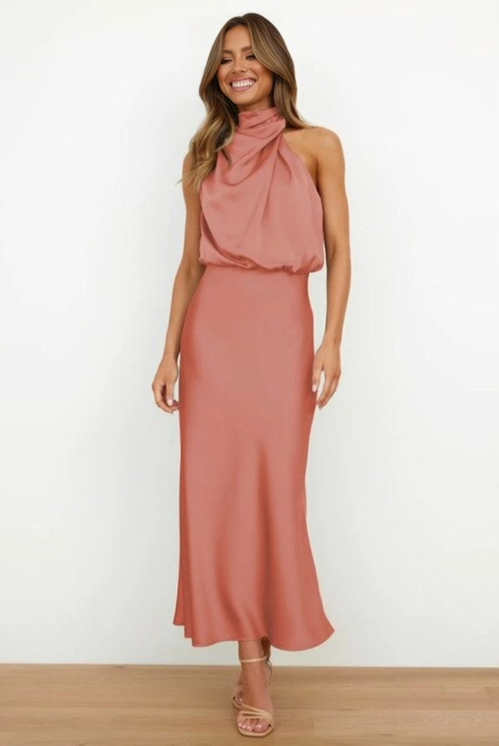 Women's Satin Halter-Neck Cocktail Party Dress Midi Length