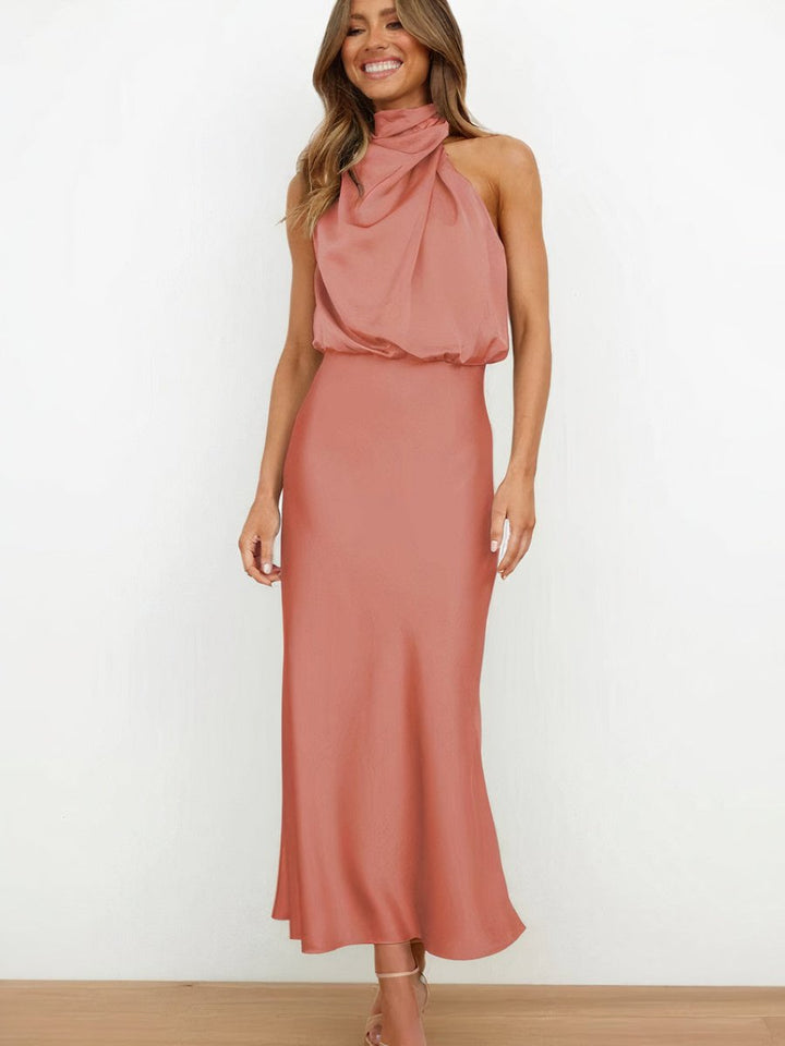Women's Satin Halter Neck Cocktail Party Dress Midi Length