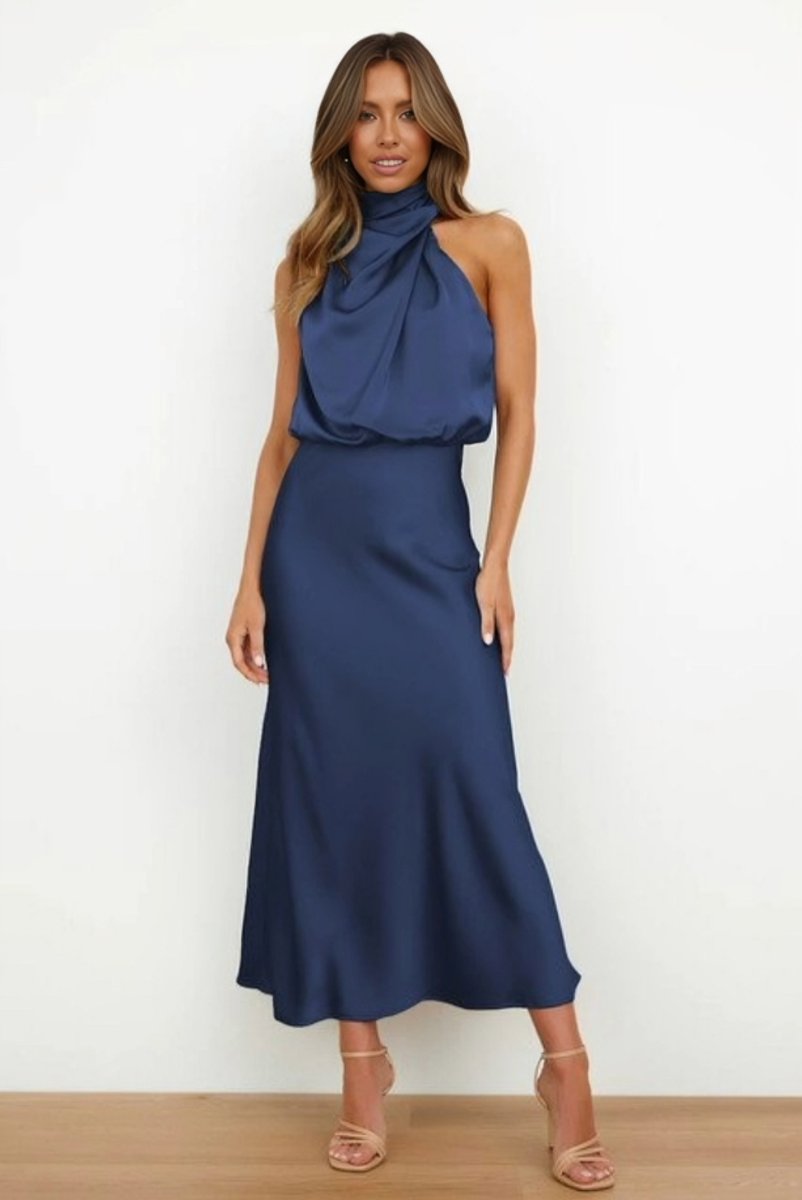 Women's Satin Halter-Neck Cocktail Party Dress Midi Length