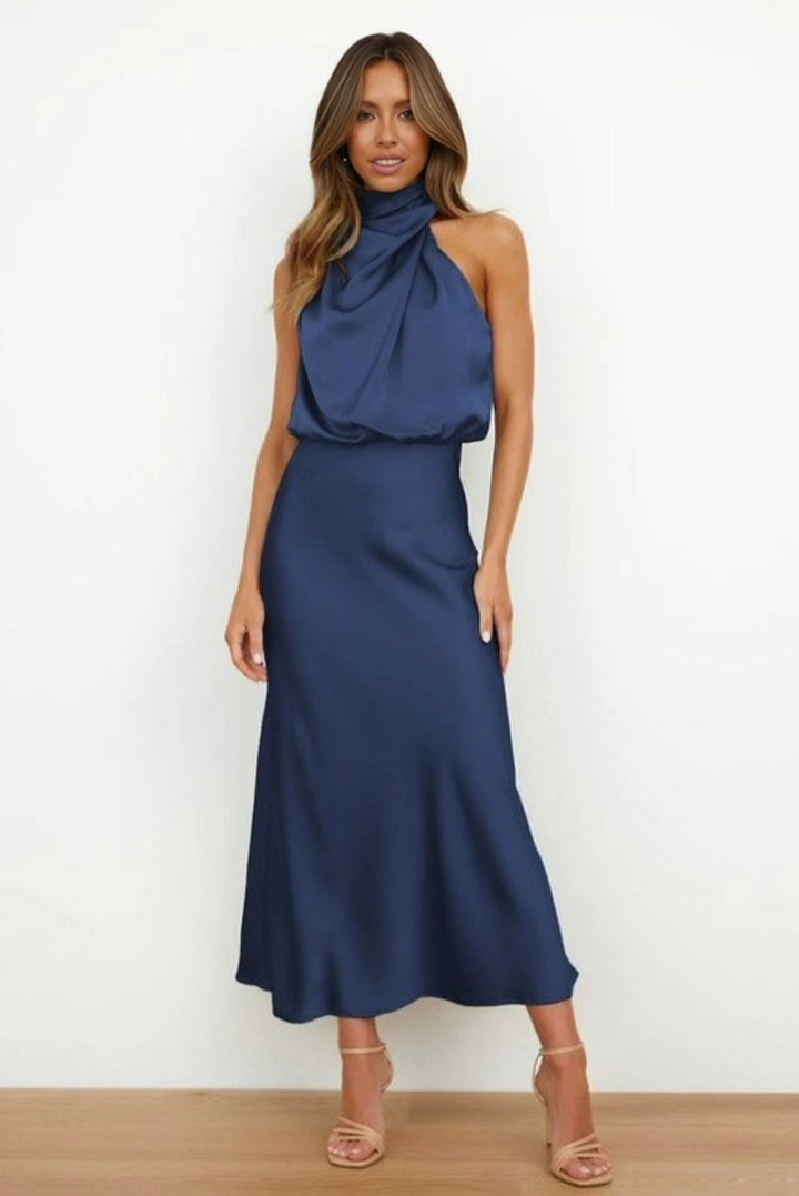Women's Satin Halter-Neck Cocktail Party Dress Midi Length