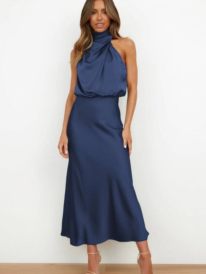 Women's Satin Halter Neck Cocktail Party Dress Midi Length