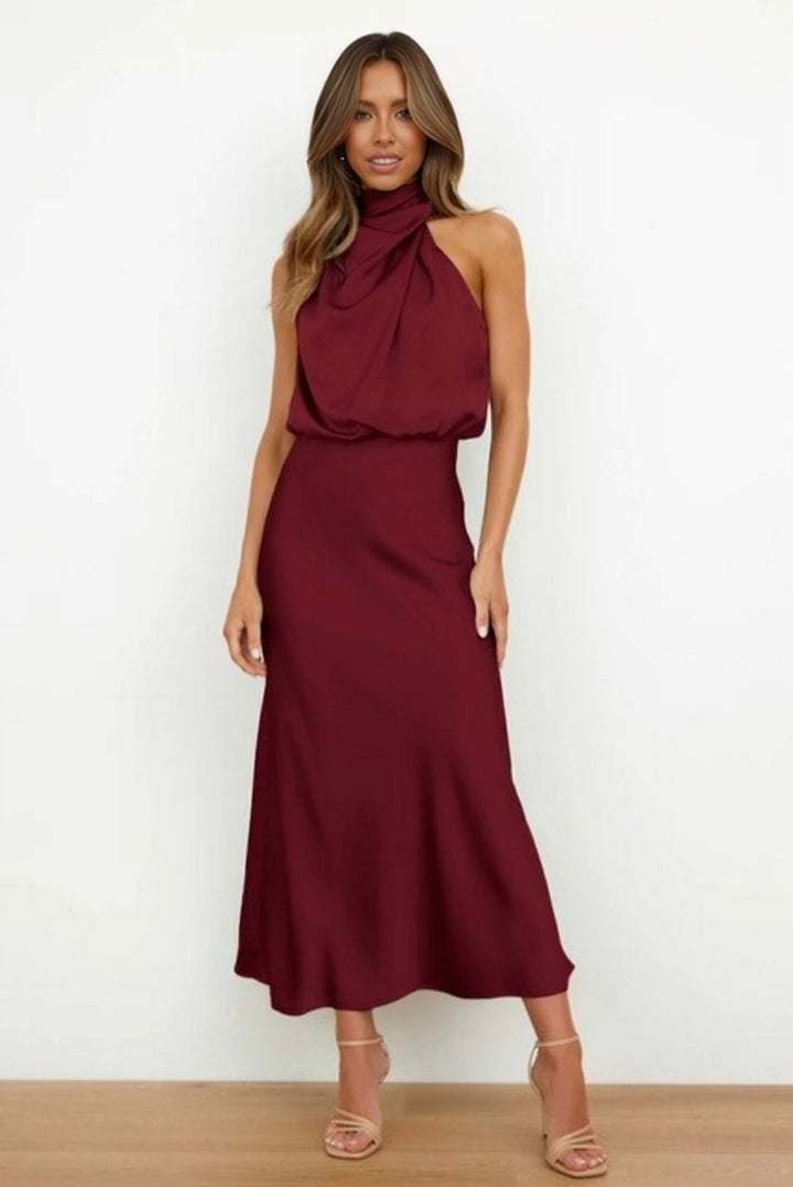 Women's Satin Halter-Neck Cocktail Party Dress Midi Length
