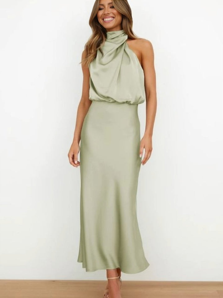 Women's Satin Halter-Neck Cocktail Party Dress Midi Length