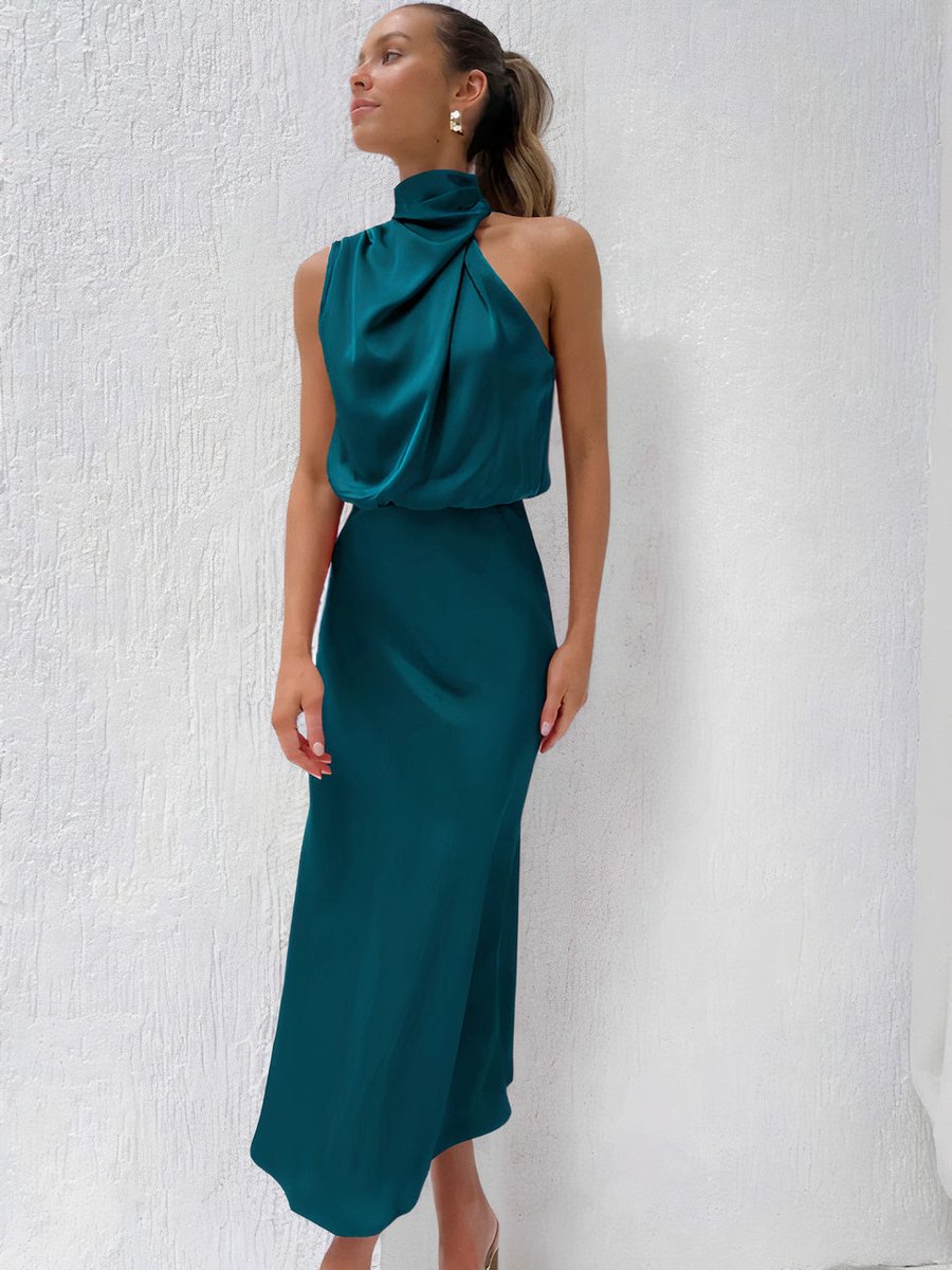 Women's Satin Halter-Neck Midi Cocktail Party Dress