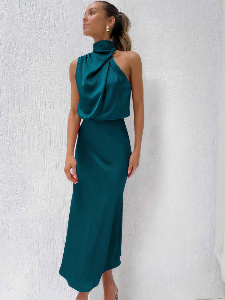 Women's Satin Halter-Neck Midi Cocktail Party Dress
