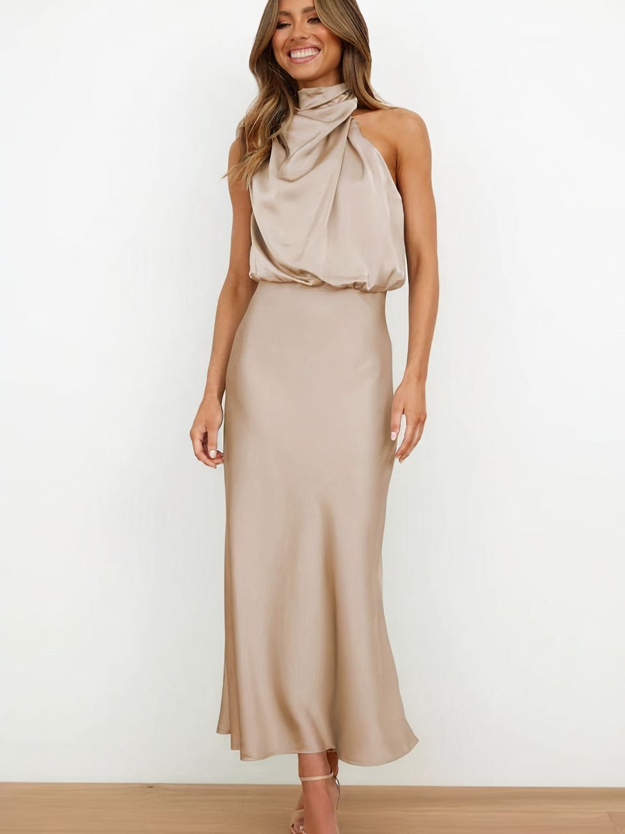 Women's Satin Halter-Neck Midi Cocktail Party Dress