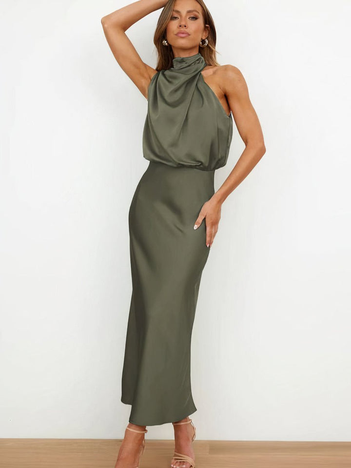 Women's Satin Halter-Neck Midi Cocktail Party Dress