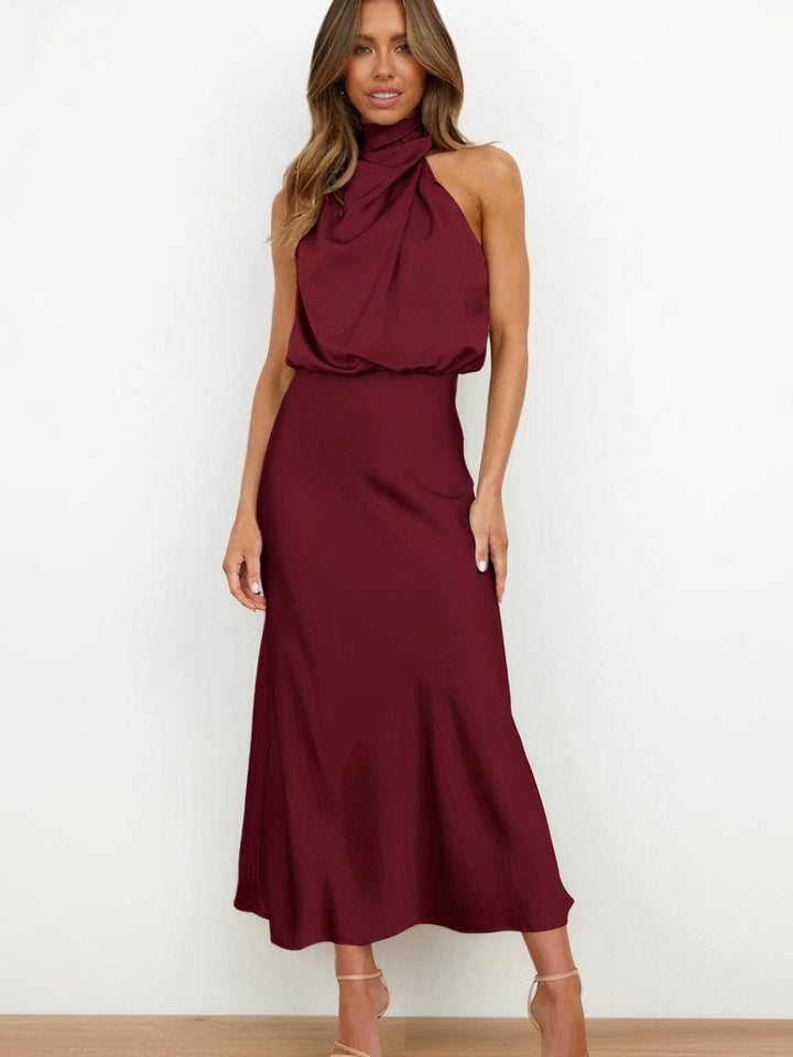 Women's Satin Halter-Neck Midi Cocktail Party Dress