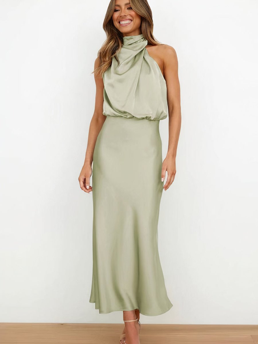 Women's Satin Halter-Neck Midi Cocktail Party Dress