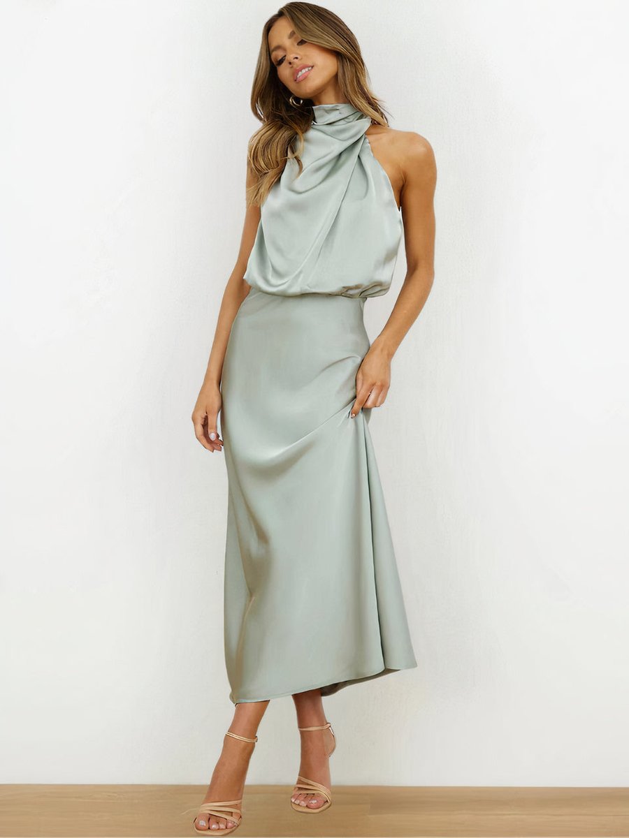 Women's Satin Halter-Neck Midi Cocktail Party Dress